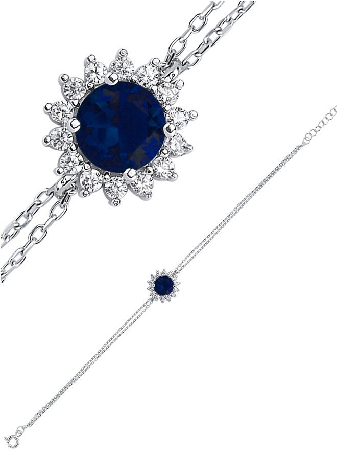 EMNON - 925 Sterling Silver Jewelry Rhodium Plated & Halo Solitaire CZ Navy Blue Bracelet 100% Precious Metal Gift for Women- Emnon3BRE - Image 1
