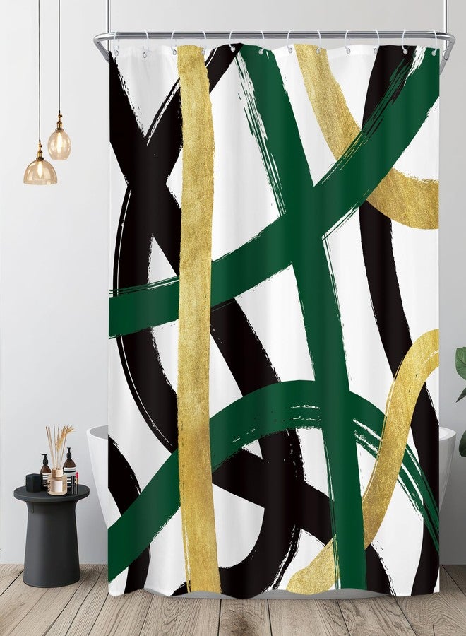 Riyidecor Emerald Green Black Gold Shower Curtain 60Wx72H Inch Abstract Modern Minimalist Line Contemporary Geometric Simple Unique for Man Bathroom Decor Fabric Polyester Waterproof 12 Pack Hooks - Image 1