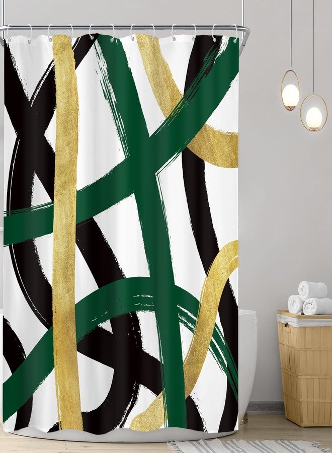 Riyidecor Emerald Green Black Gold Shower Curtain 60Wx72H Inch Abstract Modern Minimalist Line Contemporary Geometric Simple Unique for Man Bathroom Decor Fabric Polyester Waterproof 12 Pack Hooks - Image 2