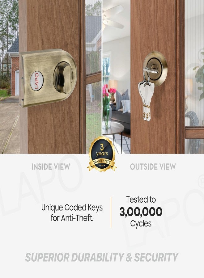 LAPO Jimmy Proof Deadbolt Lock with Side Key and Knob, Heavy Duty Security Lock for Single, Double, Sliding Doors, Reversible Lever Knob for Left and Right Opening Doors, Antique Finish - Image 3
