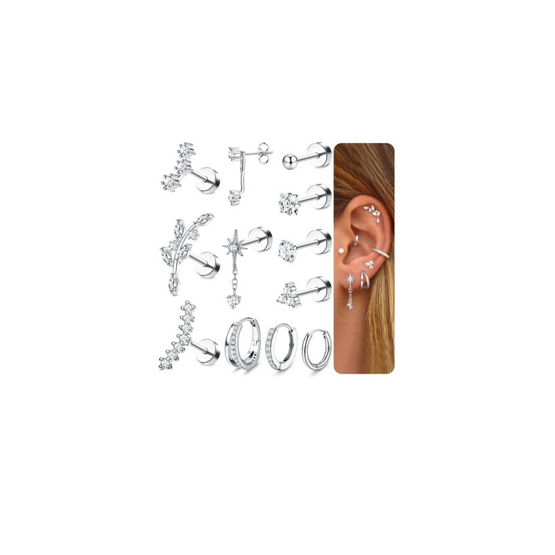 MILACOLATO 16G Cartilage Earrings for Women Silver Flat Back Earrings Hypoallergenic Surgical Stainless Steel Earrings for Women Trendy Small Stud Hoop Earrings Set Tragus Helix Daith Conch Piercing Jewelry Single PC S - Image 1