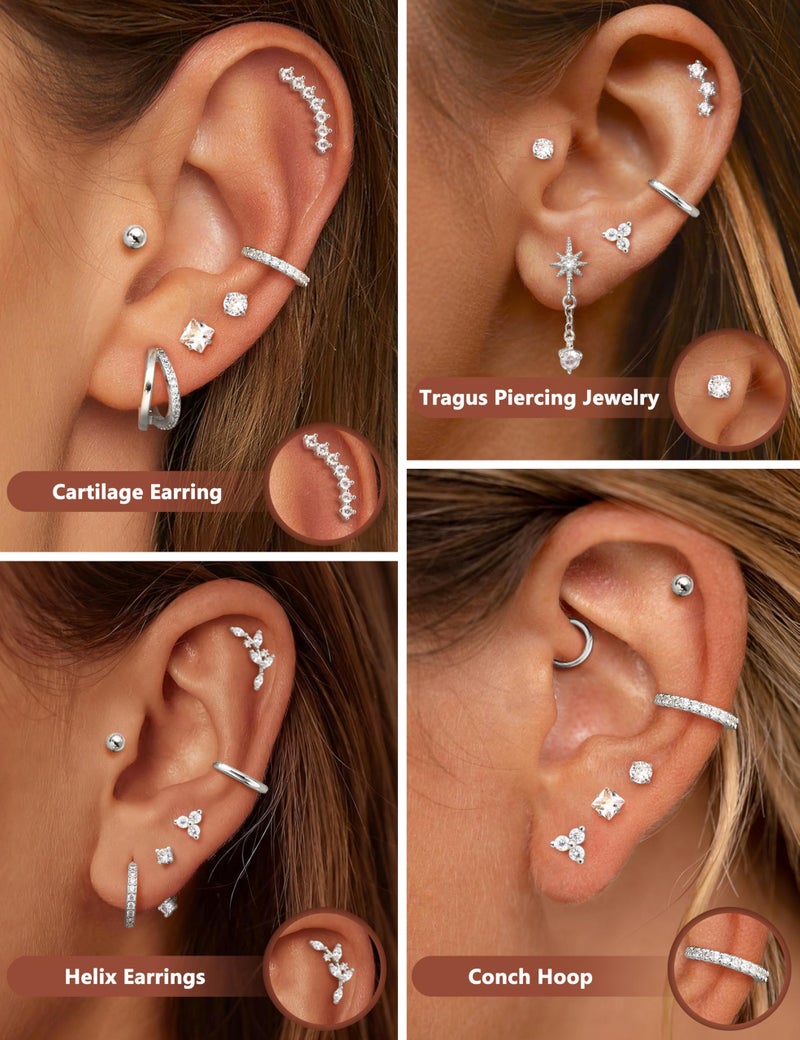 MILACOLATO 16G Cartilage Earrings for Women Silver Flat Back Earrings Hypoallergenic Surgical Stainless Steel Earrings for Women Trendy Small Stud Hoop Earrings Set Tragus Helix Daith Conch Piercing Jewelry Single PC S - Image 4
