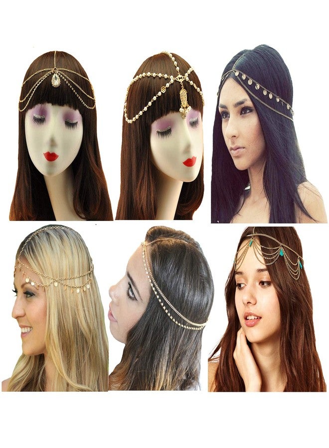 WLBON Gold Head Chain Pearl Sequins Rhinestone Headband Crystal Bohemian Hair Bands Halloween Hair Hoop Women Boho Hippie Hairband Party Decoration Cosplay Costume Handmade Headpiece Hair Jewelry 6 Pack - Image 1