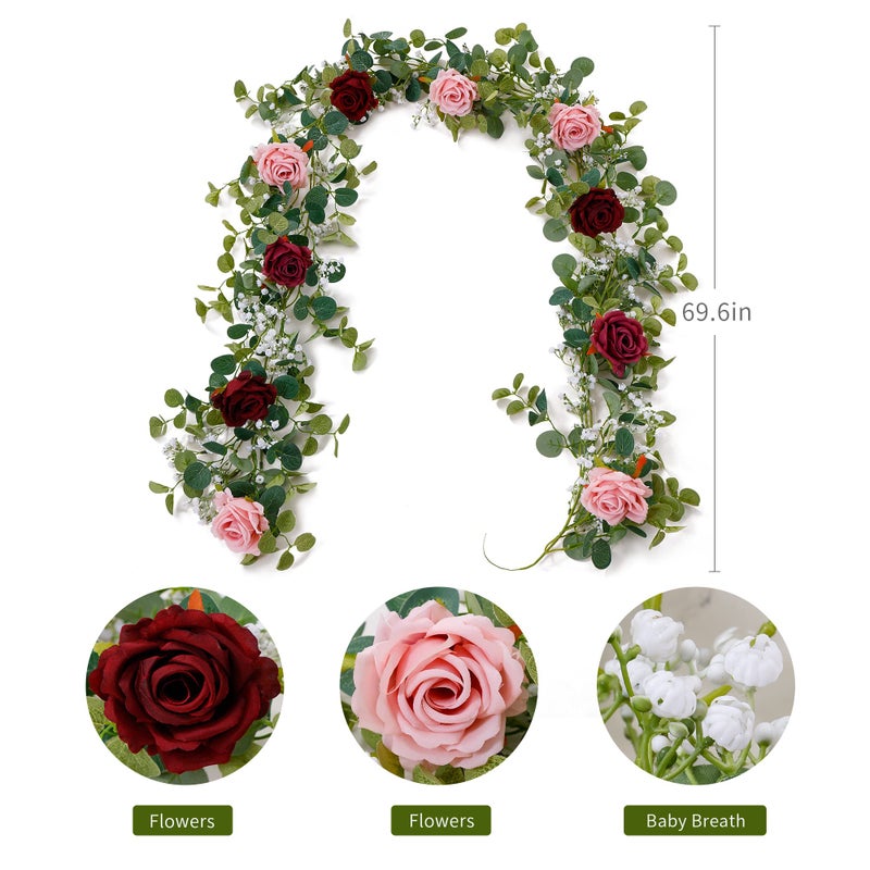 Anna's Whimsy 5.91FT Artificial Eucalyptus Garland with Flowers, Fake Rose Gypsophila, Faux Floral Garland Greenery for Wedding Spring Party Art Table Runner Decor (Pink, 1) - Image 2