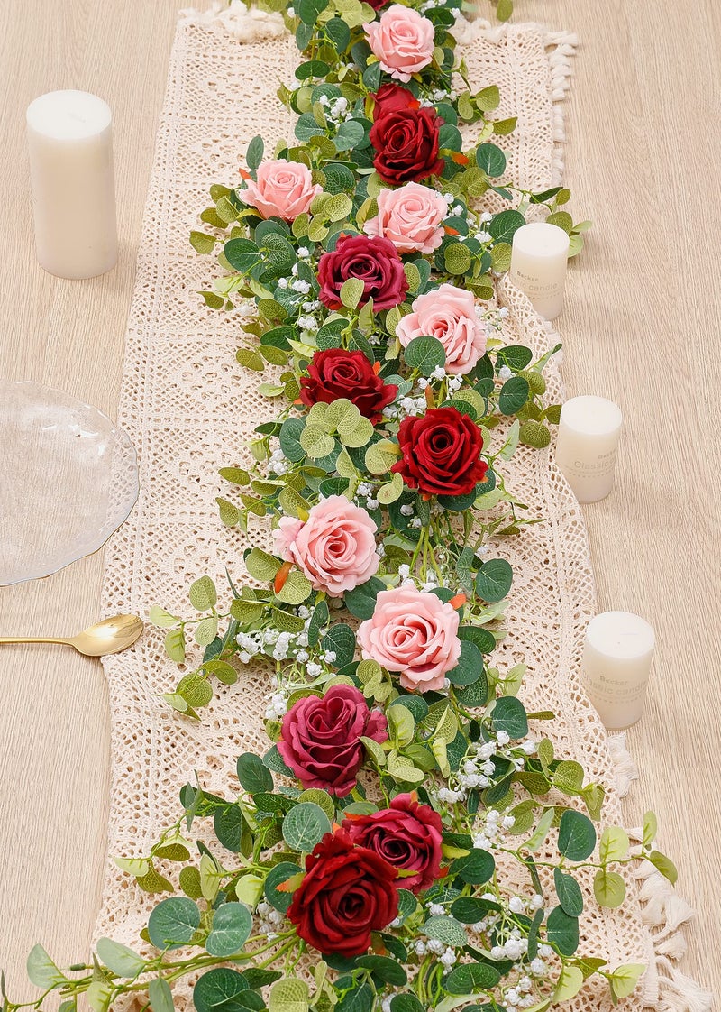 Anna's Whimsy 5.91FT Artificial Eucalyptus Garland with Flowers, Fake Rose Gypsophila, Faux Floral Garland Greenery for Wedding Spring Party Art Table Runner Decor (Pink, 1) - Image 4
