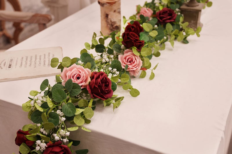 Anna's Whimsy 5.91FT Artificial Eucalyptus Garland with Flowers, Fake Rose Gypsophila, Faux Floral Garland Greenery for Wedding Spring Party Art Table Runner Decor (Pink, 1) - Image 3