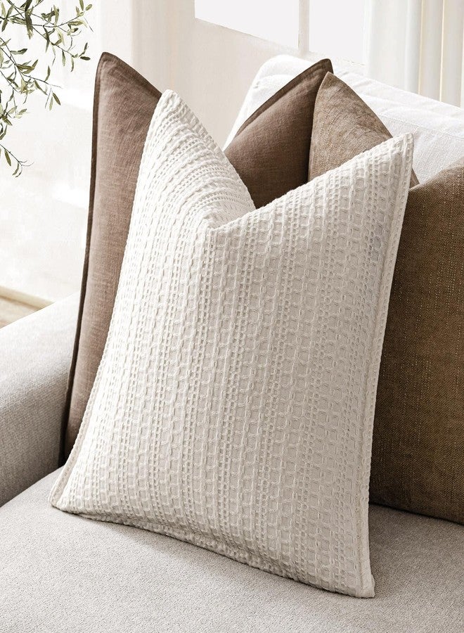 Foindtower Set of 2 Decorative Cotton Waffle Weave Throw Pillow Covers Euro Shams Cushion Covers Accent European Pillowcase for Bed Couch Sofa Bedroom Living Room Home Decor 18×18 Inch Natural Ivory - Image 4