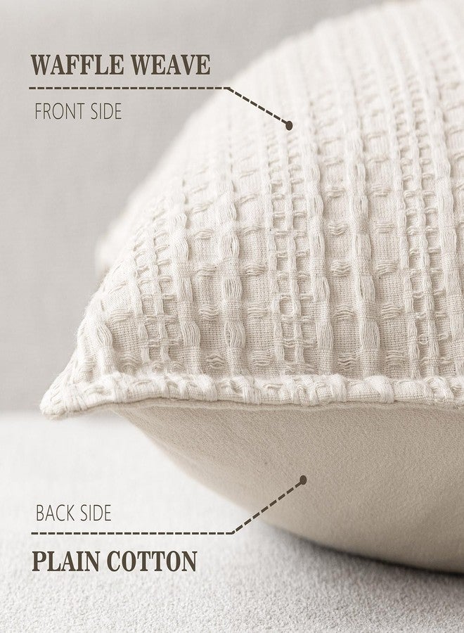 Foindtower Set of 2 Decorative Cotton Waffle Weave Throw Pillow Covers Euro Shams Cushion Covers Accent European Pillowcase for Bed Couch Sofa Bedroom Living Room Home Decor 18×18 Inch Natural Ivory - Image 2