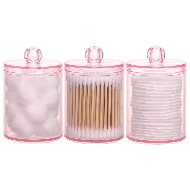 Tbestmax 3 Pack Cotton Swab Ball Pad Holder 10 Oz Qtip Apothecary Jar Pink Makeup Organizer Bathroom Containers Dispenser