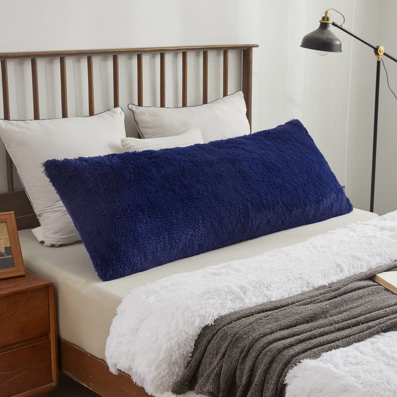 XeGe Luxury Shaggy Faux Fur Body Pillow Cover  Fluffy Bed Pillow Case with Zipper Closure  Soft Decorative Plush Long Pillow Sham  Fuzzy Hug Pillow for Home Living Room 20""x54"" Navy Blue