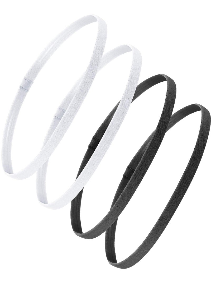 Bememo Bememo 4 Pieces Thick NonSlip Elastic Sport Headbands Hair Headbands for Women and Men Black White