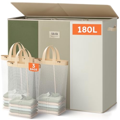 SOLEDI 180L 3-Section Laundry Hamper with Lid, Extra Large Dirty Clothes Basket with Sturdy Handles for Laundry Room & Bedroom - Durable Organizer for Sorting Laundry - Image 1