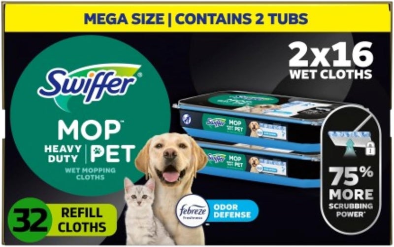 Swiffer مناديل مبللة ثقيلة للكلاب متعددة الأسطح لتجديد الأرضيات والتنظيف، برائحة منعشة، 16 قطعة، عبوة من 2 - Image 1