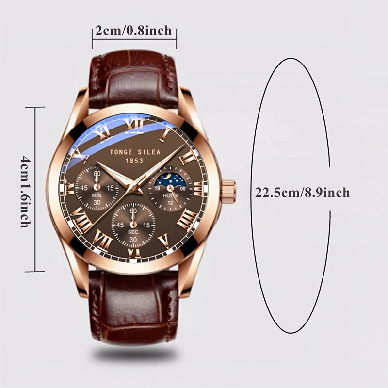 Men's Quartz Watch with Coffee Brown PU Leather Strap, Large Round Dial, Roman Numerals, Water Resistant, Luminous - Image 2
