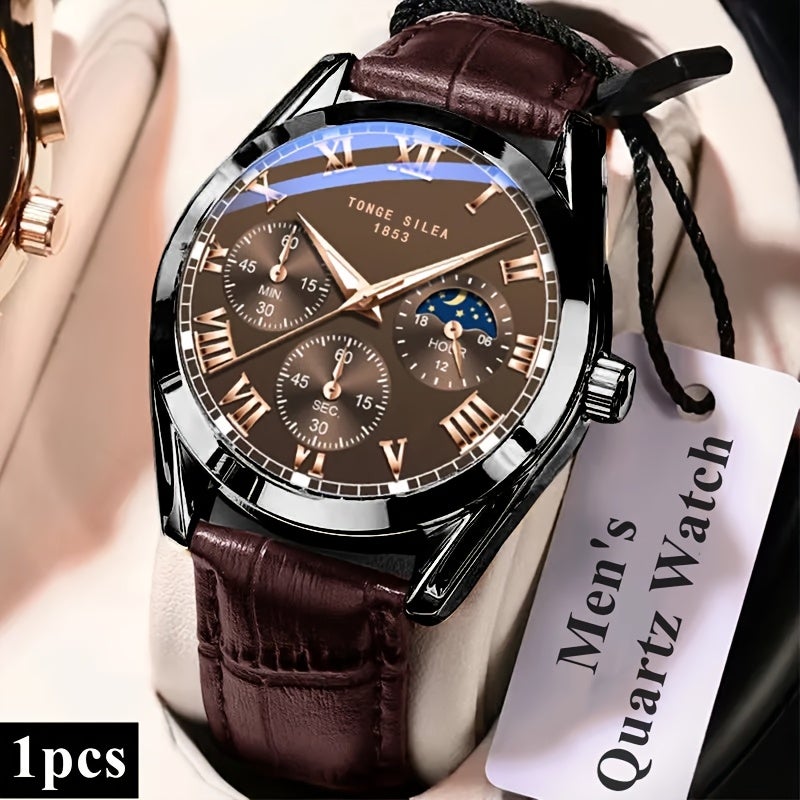 Men's Quartz Watch with Coffee Brown PU Leather Strap, Large Round Dial, Roman Numerals, Water Resistant, Luminous - Image 4
