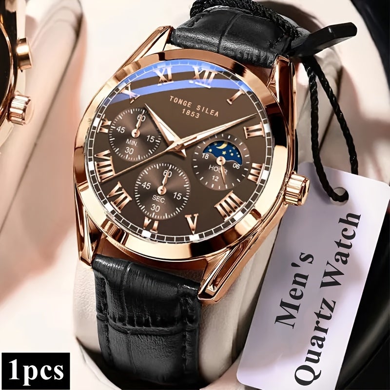 Men's Quartz Watch with Coffee Brown PU Leather Strap, Large Round Dial, Roman Numerals, Water Resistant, Luminous - Image 5