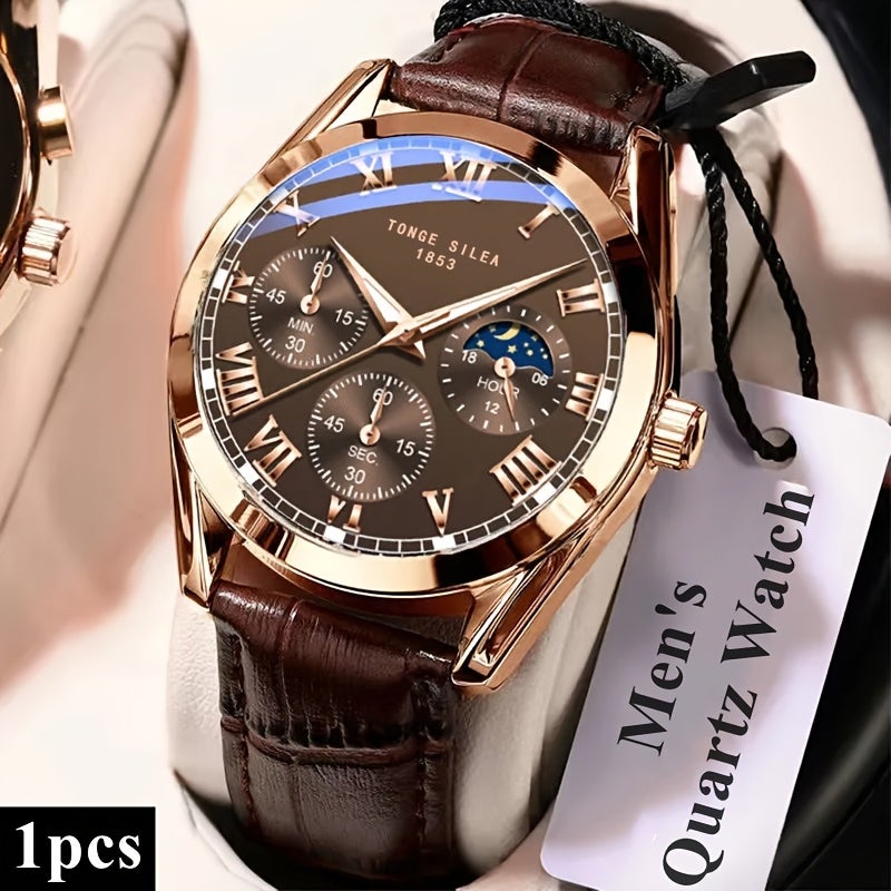 Men's Quartz Watch with Coffee Brown PU Leather Strap, Large Round Dial, Roman Numerals, Water Resistant, Luminous - Image 1
