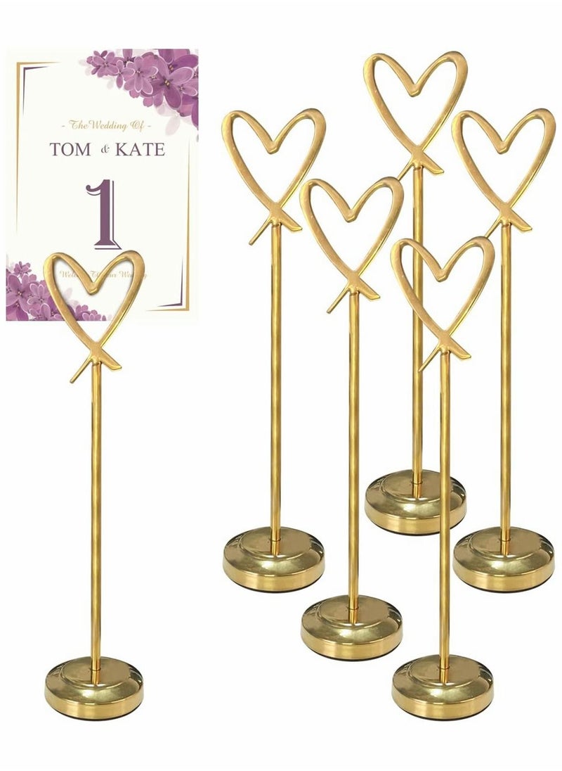 SYOSI 5 Pcs Mini Place Card Holders, Heart Shape Clip Place Cards Holder, Cute Table Card Holder Table Picture Stands, Wire Photo Holder Menu Memo Clips, Idea for Wedding, Anniversary Party (Gold)  - Image 1