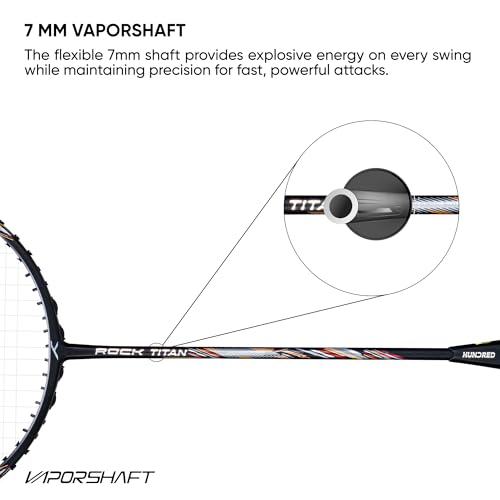Hundred Carbon Graphite Rock Titan Strung Badminton Racket with Full Cover | 4U (80-84 Grams) | Maximum String Tension - 32lbs | VaporShaft 7mm Shaft | Head Heavy (Black) - Image 4