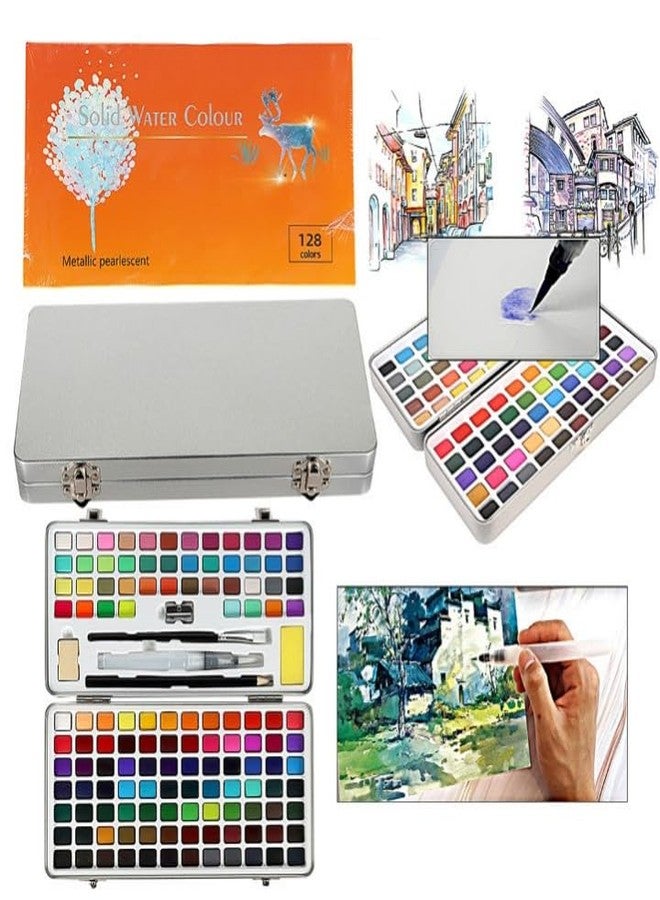 Artnery Portable Solid Water color Paint Set 128 colors Sketch Watercolor Palette Kit & Storage case - Image 1