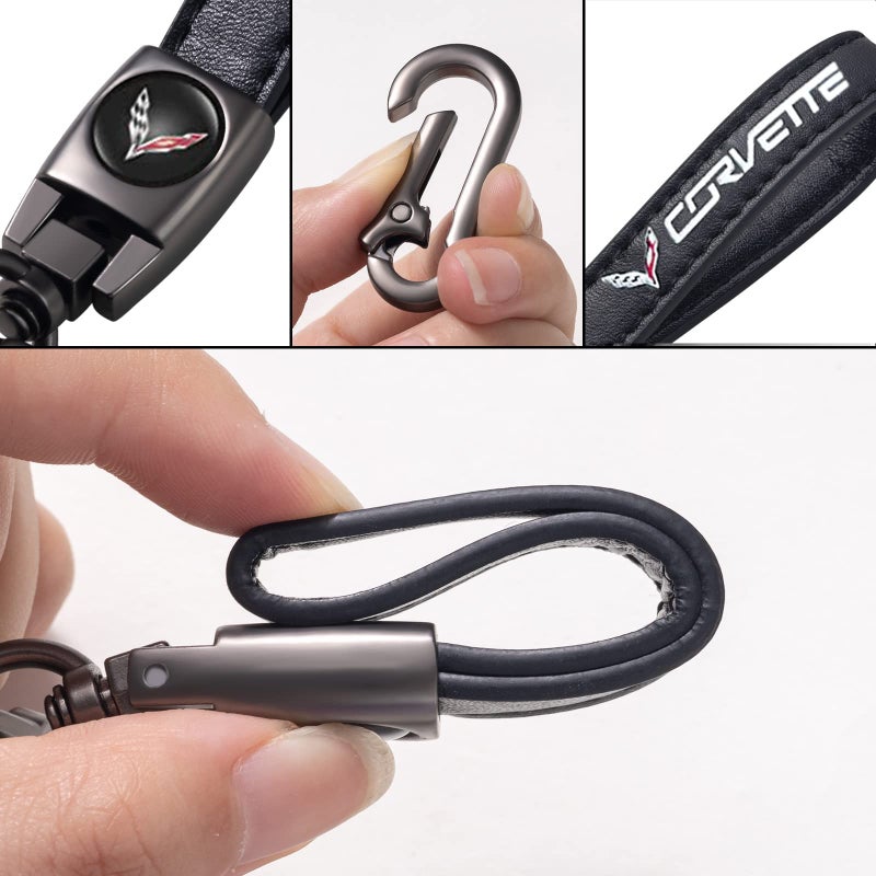 TACOMA Genuine Leather Car Key Chain for Corvette C4 C6 C5 C7 C8 Z06 KeyChain for Men and Women Family Present Key Ring Accessories Black - Image 4