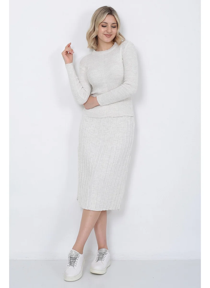 Lugmo Women's Knitwear Pleated Skirt Hair Braided Sweater Set Oversize Stone