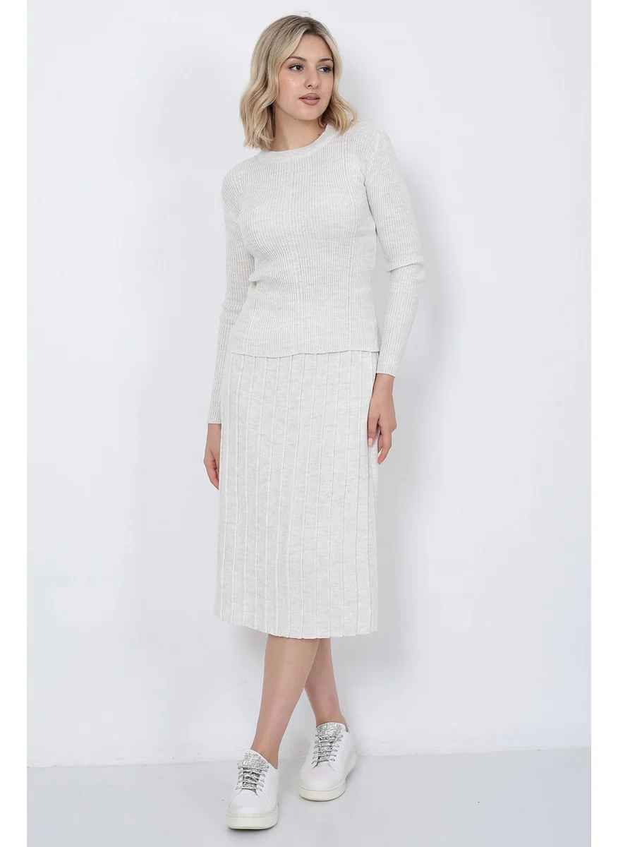 Lugmo Women's Knitwear Pleated Skirt Hair Braided Sweater Set Oversize Stone