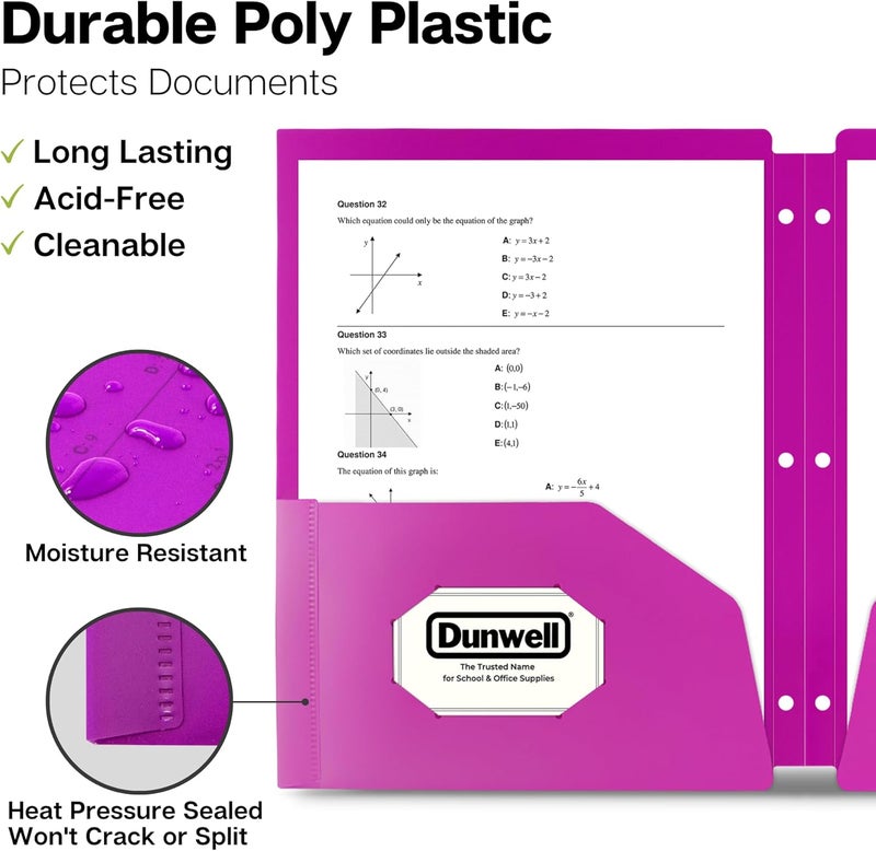 Dunwell مجلدات ذات الجيبين وثلاثة ثقوب - (عبوة من 6، ألوان متنوعة) مجلدات بلاستيكية ذات جيوب مثقوبة بثلاثة ثقوب، فواصل مجلدات جيب للحلقة الثلاثية، مجلدات بولي ثقيلة، مجلد حلقة 8.5 × 11 بوصة - Image 3