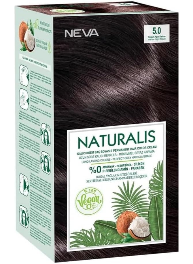 NEVA Naturalis Permanent Hair Dye Set, Vegan,100% Gray Coverage, Organic, No Harmful Chemicals, GMO-Free, Long-Lasting Shine, INTENSE LIGHT BROWN - 5.0 - Image 1
