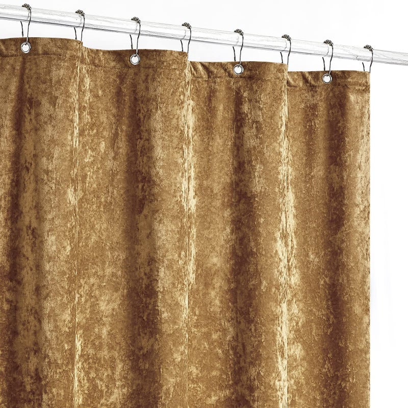 Fredsure Distressed Velvet Shower Curtain Set, 13 Pieces Caramel Gold Including1 Piece 72"x72" Shower Curtain and 12 Pieces Silver Hooks - Image 2