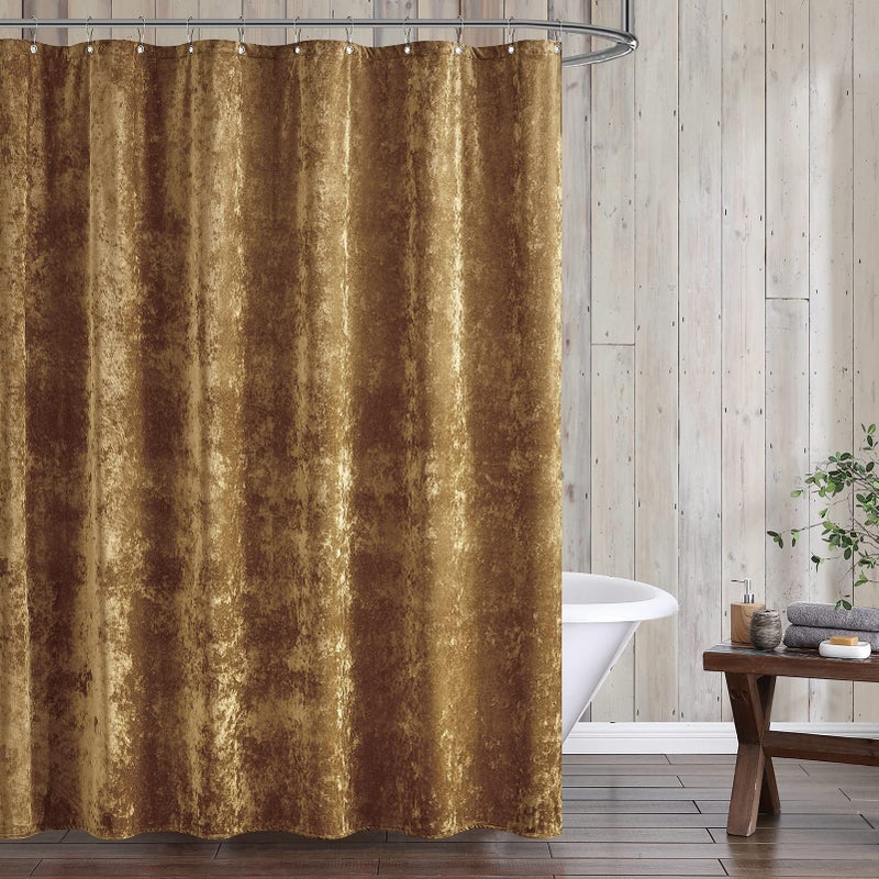 Fredsure Distressed Velvet Shower Curtain Set, 13 Pieces Caramel Gold Including1 Piece 72"x72" Shower Curtain and 12 Pieces Silver Hooks - Image 1