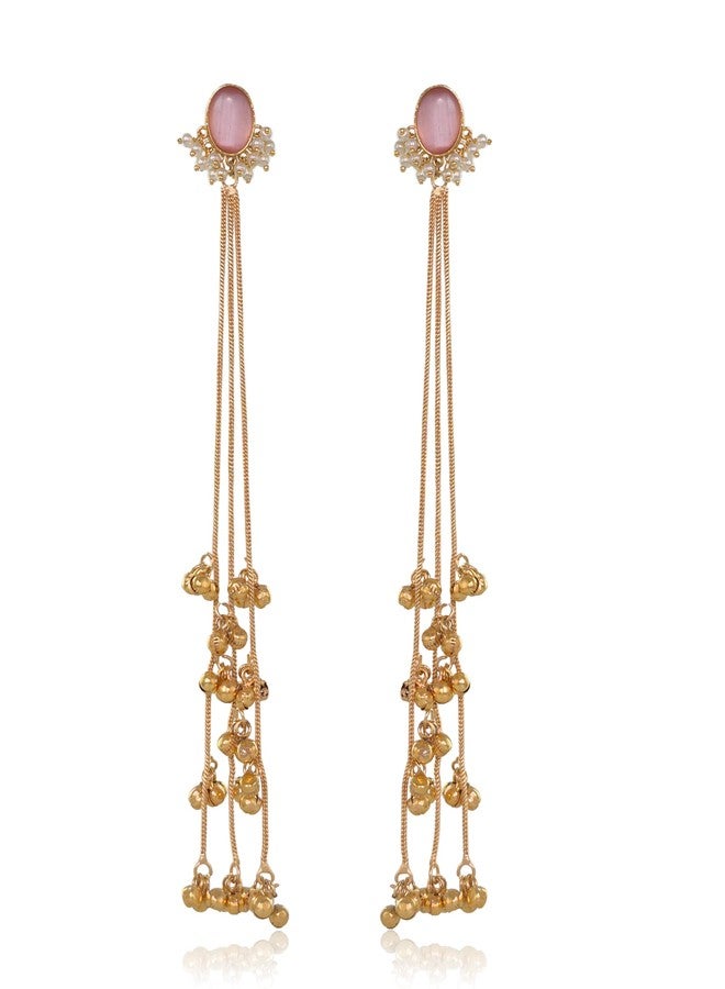 Naman Arts Gold Tone Pink Stone Long Tassel Earrings for Women | Antique Gold Pink Oval Stone Floral Dangler | Pure Brass Lightweight Ethnic Boho Earrings - Image 1