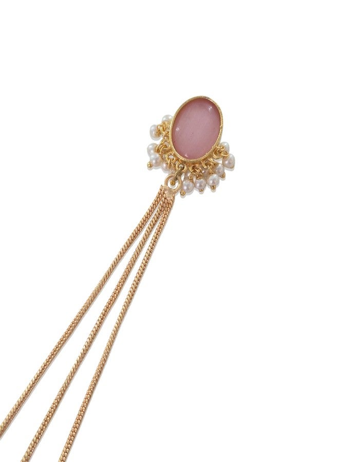 Naman Arts Gold Tone Pink Stone Long Tassel Earrings for Women | Antique Gold Pink Oval Stone Floral Dangler | Pure Brass Lightweight Ethnic Boho Earrings - Image 5