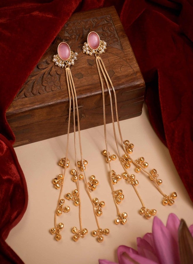 Naman Arts Gold Tone Pink Stone Long Tassel Earrings for Women | Antique Gold Pink Oval Stone Floral Dangler | Pure Brass Lightweight Ethnic Boho Earrings - Image 3
