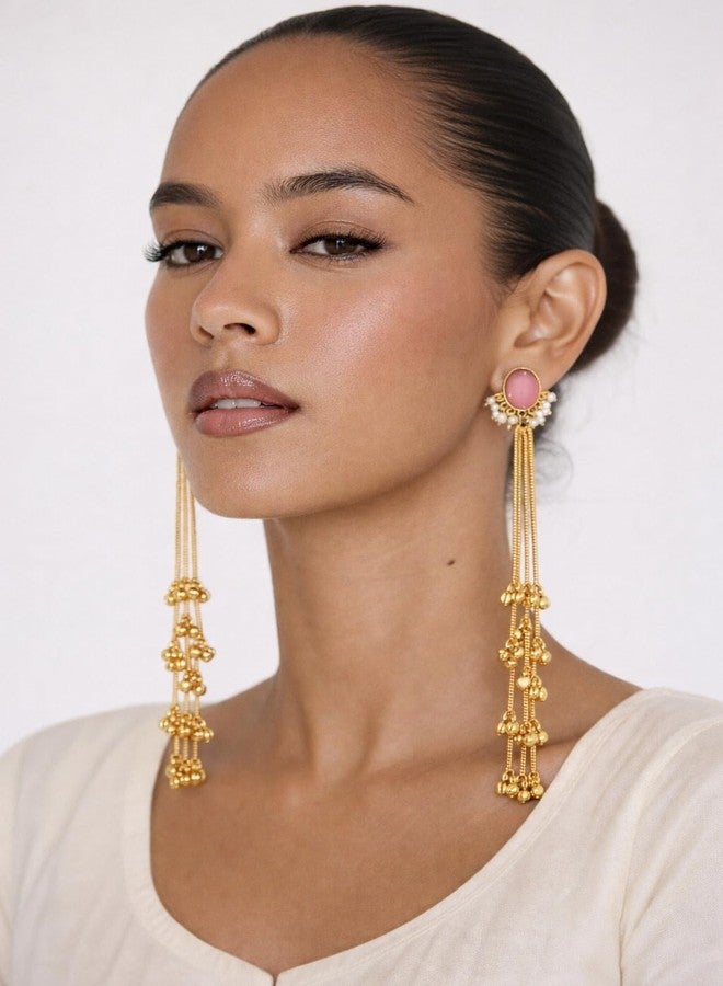 Naman Arts Gold Tone Pink Stone Long Tassel Earrings for Women | Antique Gold Pink Oval Stone Floral Dangler | Pure Brass Lightweight Ethnic Boho Earrings - Image 2