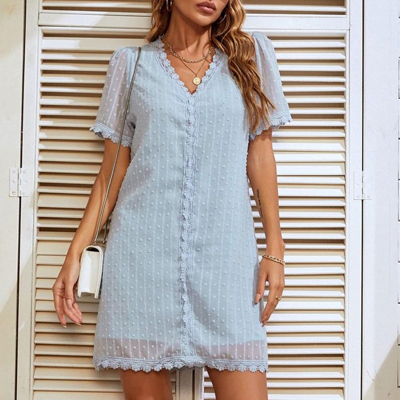 woobles Women's Summer Short Sleeve V Neck Swiss Dot Lace Shift Dress Ladies Casual Ruffle Hem Evening Beach Mini Dress - Image 2