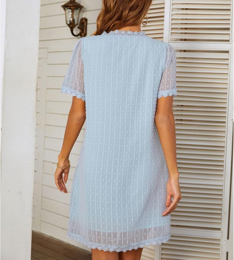 woobles Women's Summer Short Sleeve V Neck Swiss Dot Lace Shift Dress Ladies Casual Ruffle Hem Evening Beach Mini Dress - Image 3