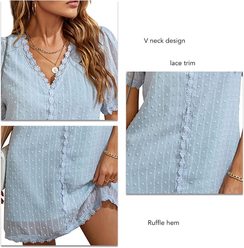 woobles Women's Summer Short Sleeve V Neck Swiss Dot Lace Shift Dress Ladies Casual Ruffle Hem Evening Beach Mini Dress - Image 5
