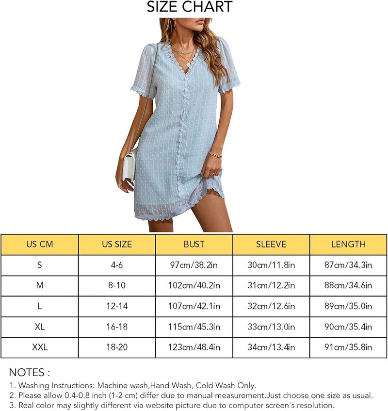 woobles Women's Summer Short Sleeve V Neck Swiss Dot Lace Shift Dress Ladies Casual Ruffle Hem Evening Beach Mini Dress - Image 4