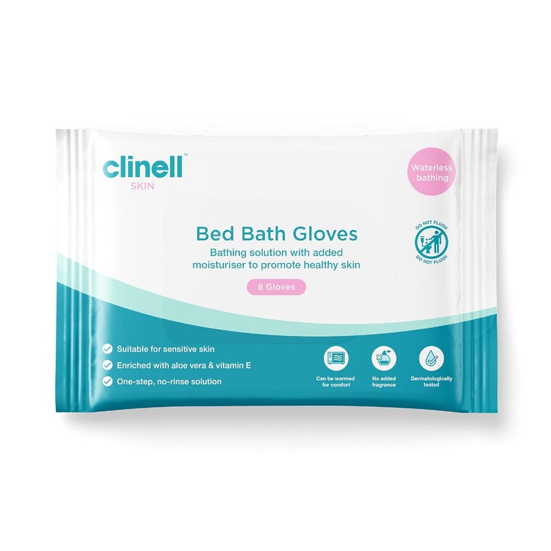 Clinell Skin Bed Bath Gloves Pack of 8 Gloves Easy to use Containing Aloe Vera Dermotologically Tested AlcoholFree Gentle pH Neutral Formula