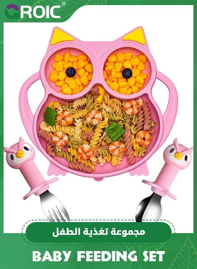 GROIC Suction Plate for Baby, Silicone Divided Plates with Toddlers, Baby Spoon Fork Set Toddler Dishes Kids and Utensils,Baby Cutlery