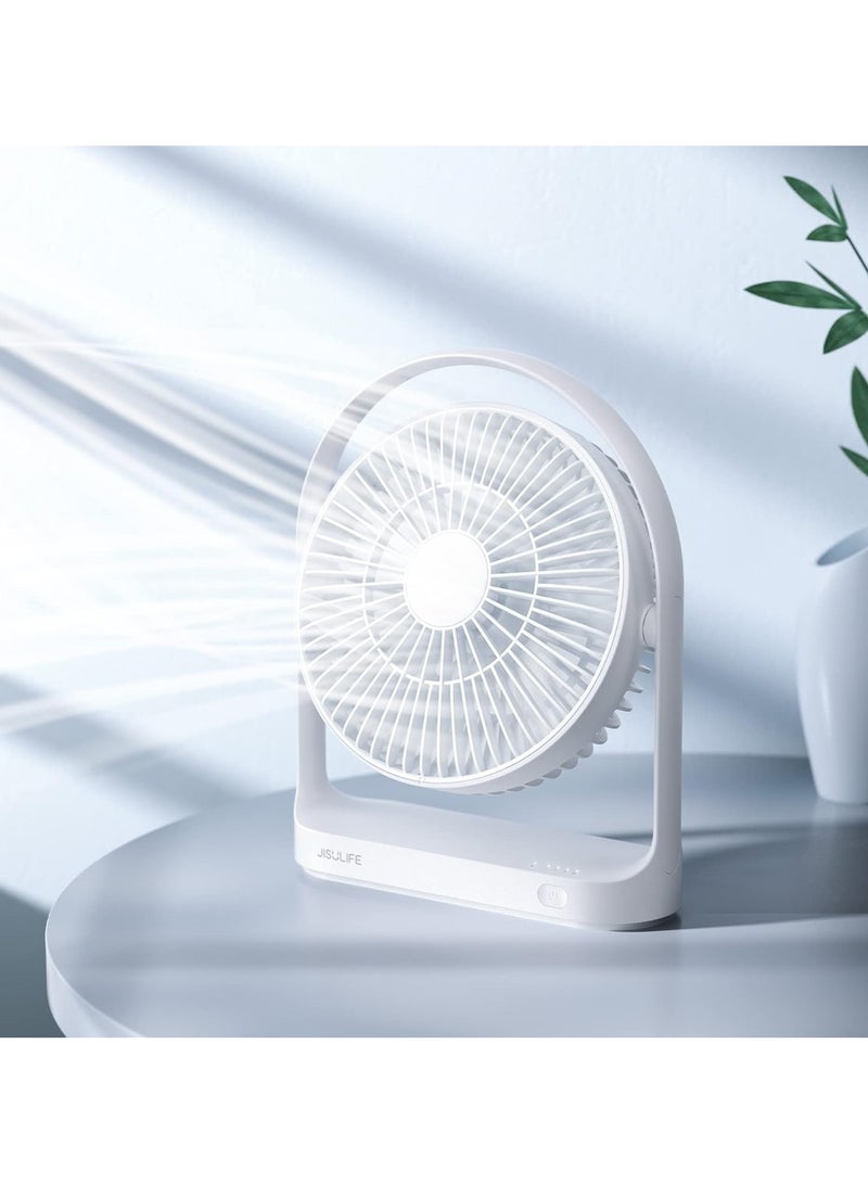 JISULIFE مروحة مكتب JISULIFE، مروحة محمولة صغيرة تعمل بالبطارية مع 4 سرعات، أقصى 15 ساعة، تدفق هواء قوي، هادئة للغاية، مروحة كهربائية قابلة لإعادة الشحن USB بسعة 4000mAh للمكتب/الغرفة/السفر - أبيض - Image 1