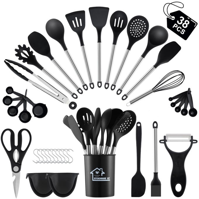 38 PIECES KITCHEN UTENSILS SET SILICONE COOKING UTENSILS SET WITH SPATULA UTENSIL HOLDER AND MEASURING SPOONS NONSTICK HEAT RESISTANT BLACK KITCHEN GADGETS STAINLESS STEEL HANDLE