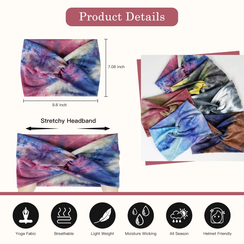 Tobeffect Wide Headbands for Women, Tie Dye Extra Large Turban Headband Boho Hairband Hair Twisted Knot Accessories, 6 Pack - Image 2