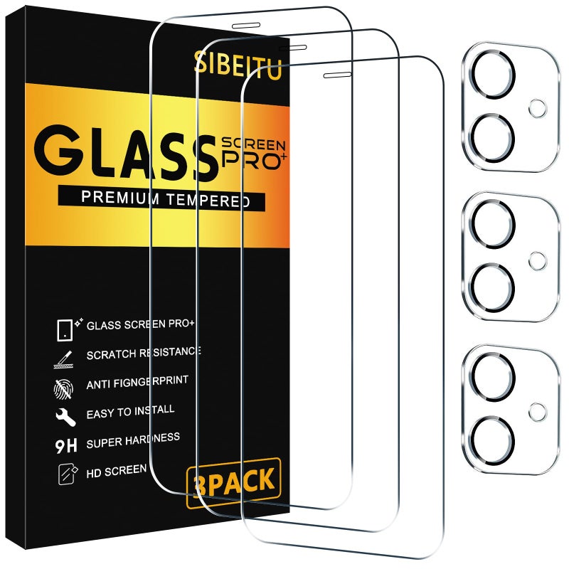 SIBEITU 3 Pack Screen Protector for iPhone 12 with 3 Pack Camera Lens Tempered Glass Protector, 6.1 Inch HD Clear Tempered Glass Film 9H Hardness Full Coverage, Scratch Resistent, No Air Bubbles - Image 1