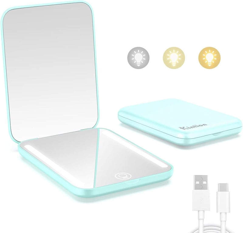 Kintion Rechargeable Pocket Mirror - Compact Travel Makeup Mirror with 1/3x Magnification, 3 Colour Temperatures, Dimmable, 400 mAh, Portable for Bag - Image 1