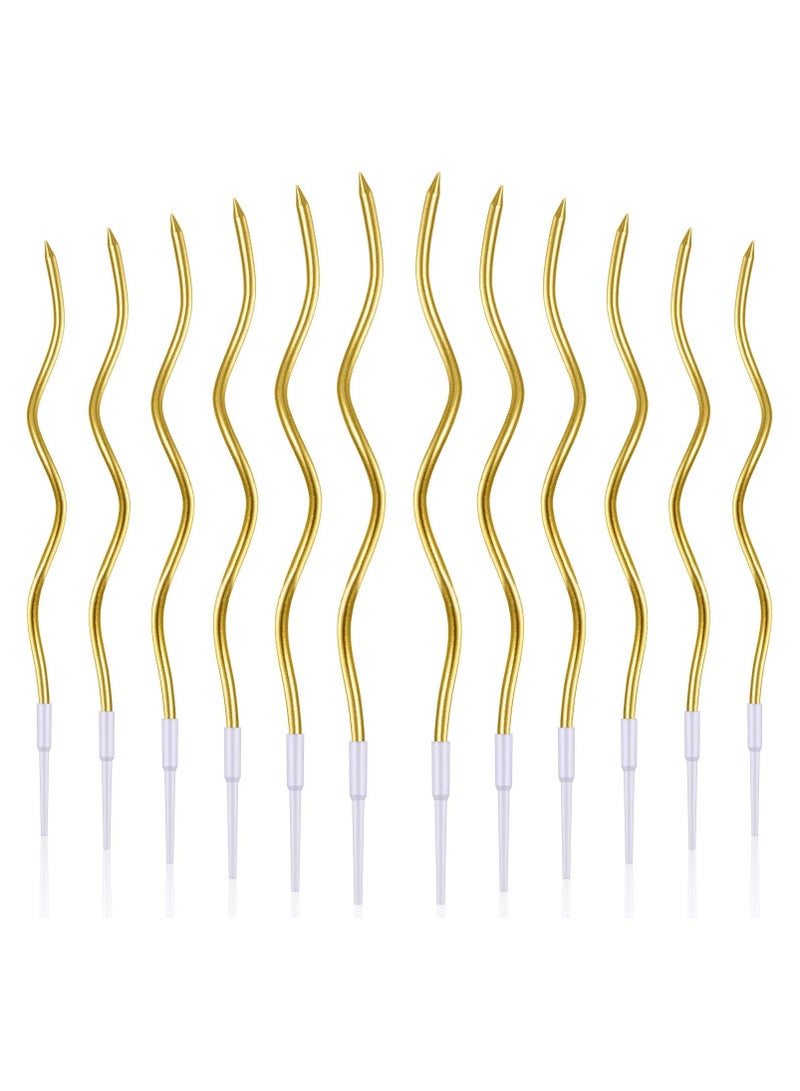 HOME ZONE 12 Twisted Birthday Candles Spiral Cake Candles Metallic Cupcake Cake Candles Thin Long Cake Candles with Holders (Gold) - Image 1