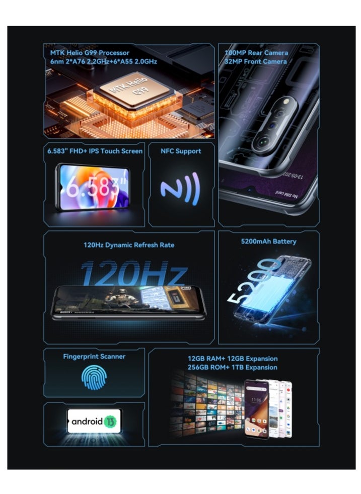 Cubot - X70 Smart Mobile Phone 6.583" 120Hz HD+ Display 12GB + 256GB/1TB Expandable 100MP Camera Octa Core MediaTek Helio G99 Dual SIM 4G Network 5200 mAh Battery Android 13 Finger-scanner Global Connectivity - Image 1