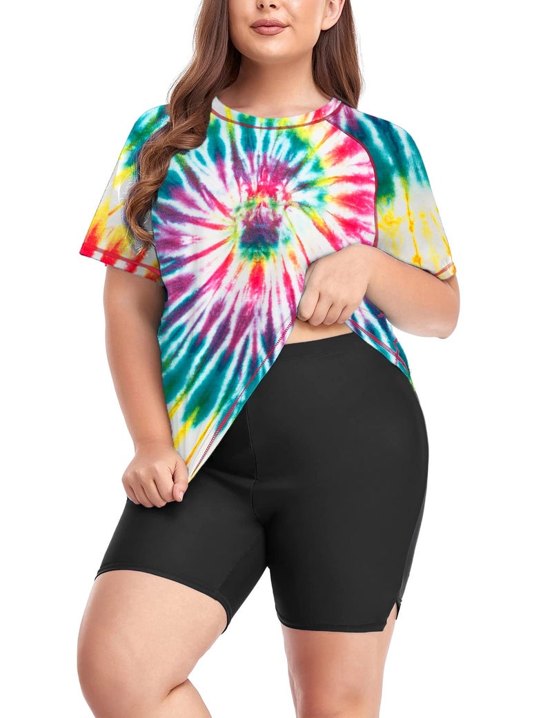 Inno Women's Plus Size 2 Piece Rash Guard Swimsuits Short Sleeve with Boyshorts UPF 50+ Surfing Swimwear, Floral Red, 4X - Image 1