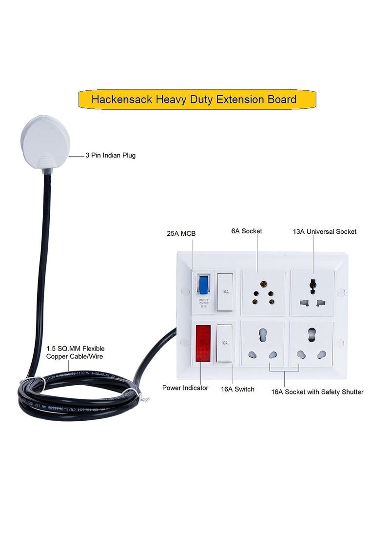 HACKENSACK Hackensack Extension Board Two 16A 113A Universal 16A Socket Switch 16A 25A MCB with Power Indicator ABS 5M Long 15 SQMM x 3 Core Heavy Duty Wire Cable with 15 Amp 3 Pin Plug White  - Image 3